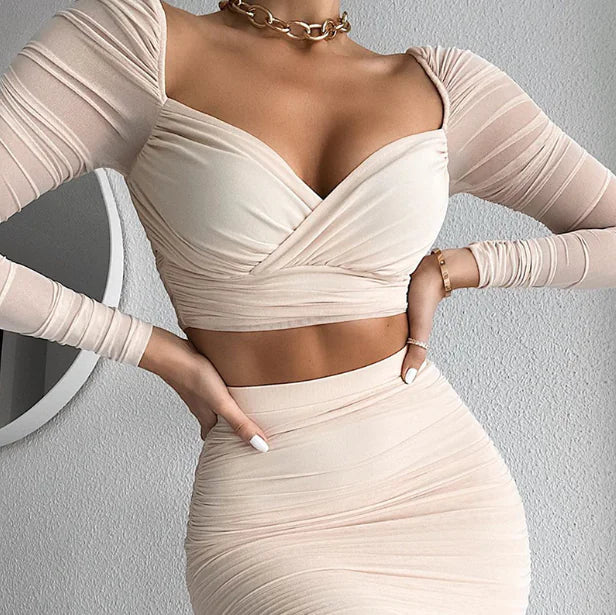 Sexy Long Sleeve Crop Top and Ruched Skirt Set