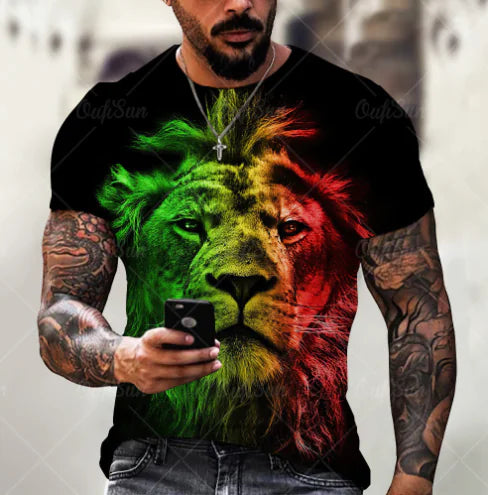 Men's Plus Size 3D Lion Print Round Neck T-Shirt
