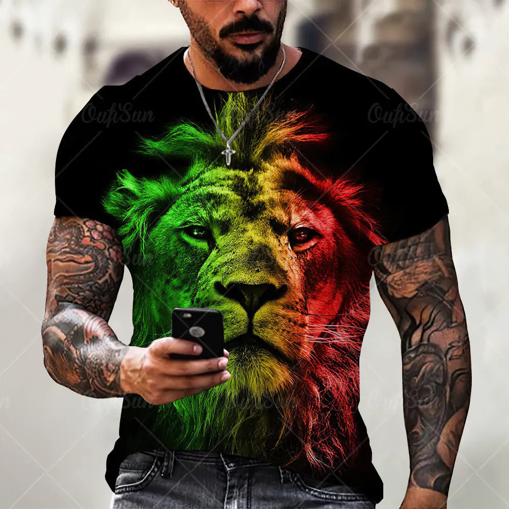 Men's Plus Size 3D Lion Print Round Neck T-Shirt