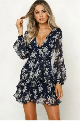 Black V-Neck Printed Dress with Waist Tie and Short Sleeves