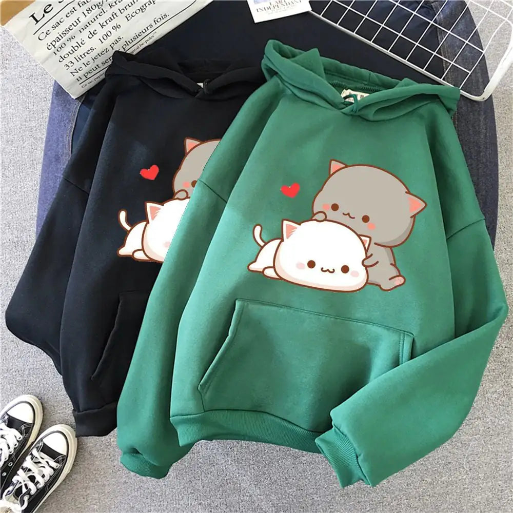 Cute Cat Print Casual Sports Hoodie for Women