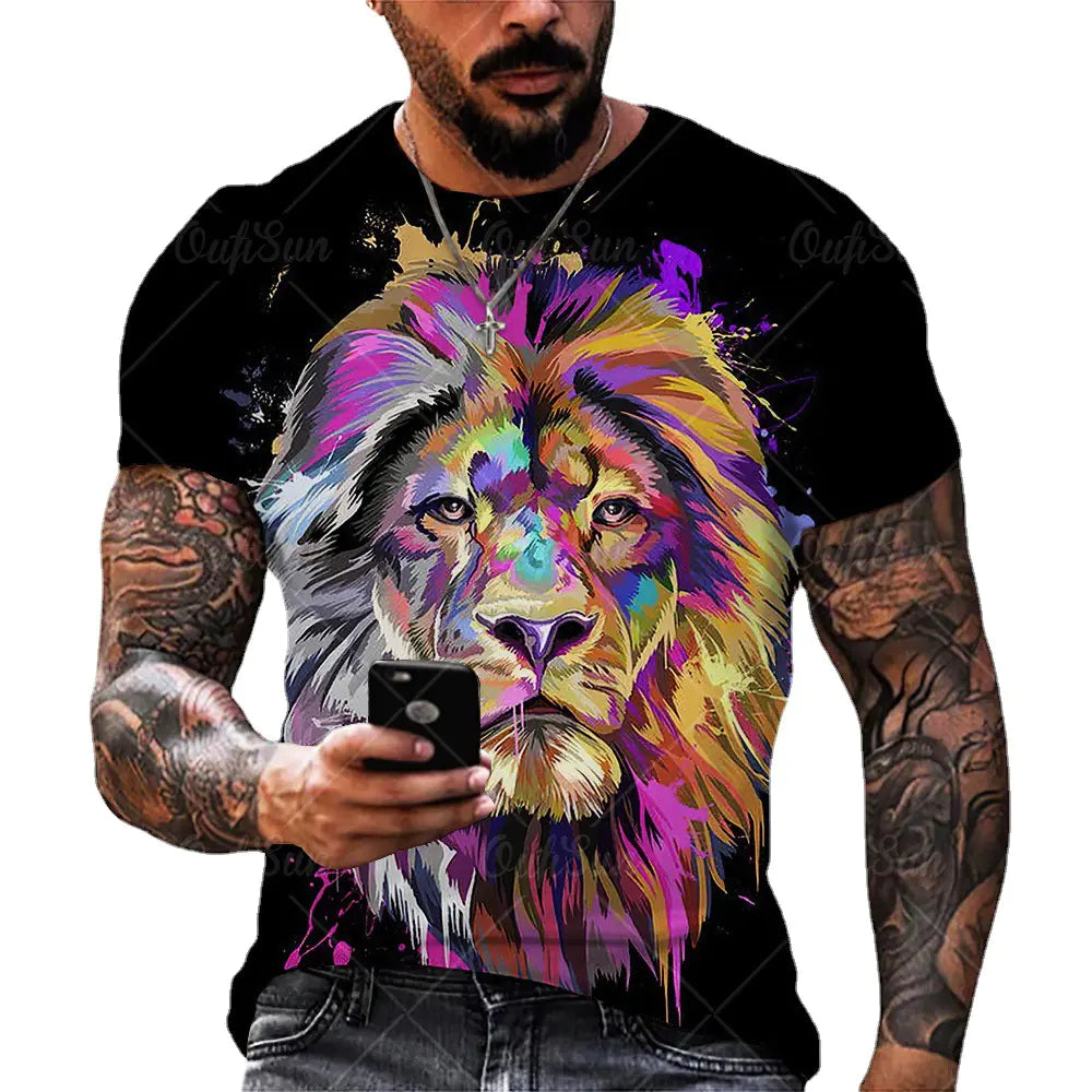 Men's Plus Size 3D Lion Print Round Neck T-Shirt