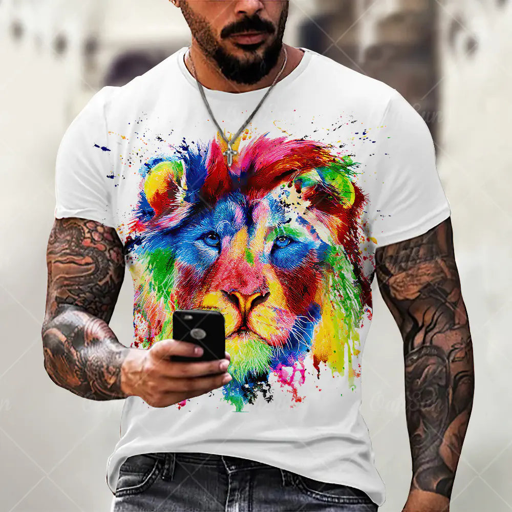 Men's Plus Size 3D Lion Print Round Neck T-Shirt
