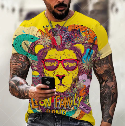 Men's Plus Size 3D Lion Print Round Neck T-Shirt