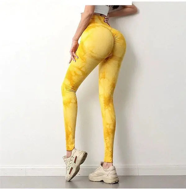 Tie-Dyed Peach High-Waist Seamless Yoga Pants for Women