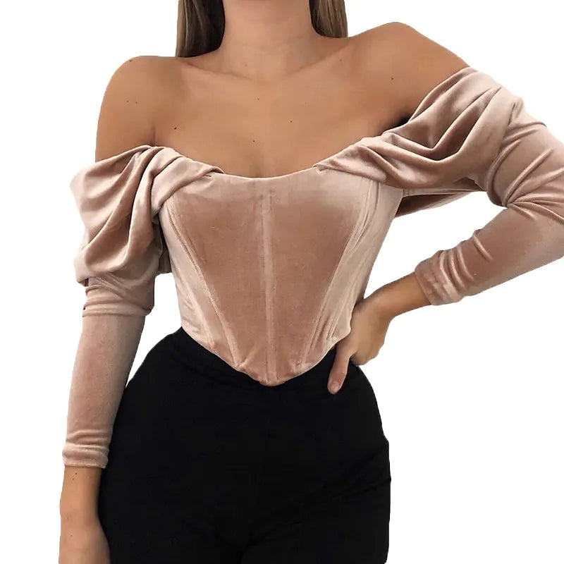 Off-Shoulder Velvet Pleated Long-Sleeve Top for Women
