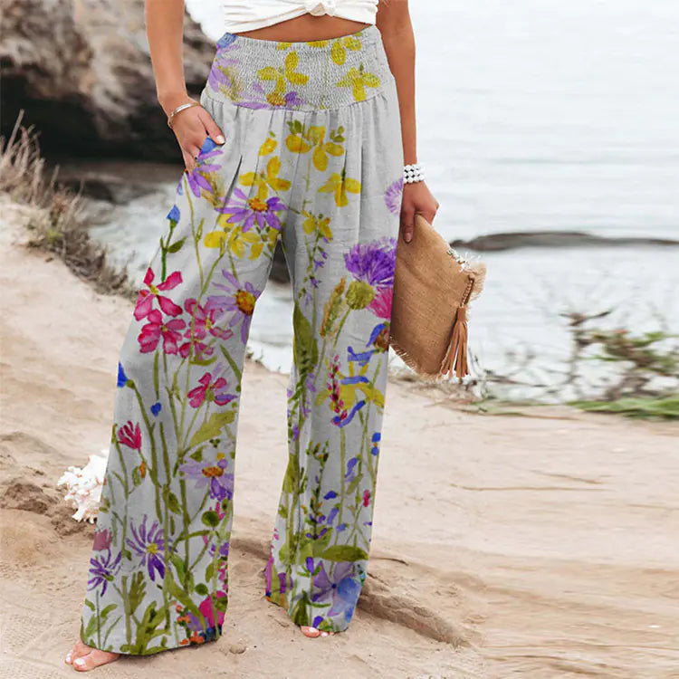 Plus Size Women's Floral Butterfly Print Wide Leg Pants