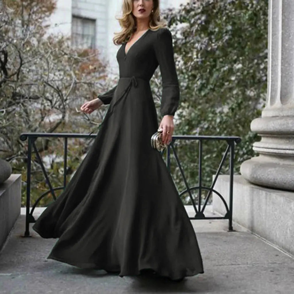 2020 Spring European Style V-Neck Long Dress