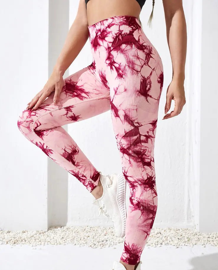 Tie-Dyed Peach High-Waist Seamless Yoga Pants for Women