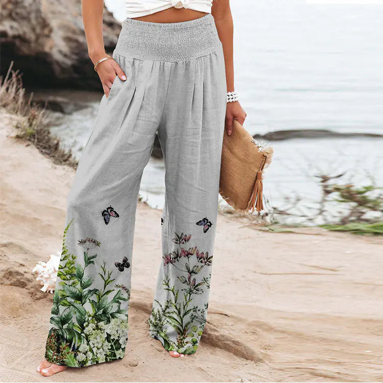 Plus Size Women's Floral Butterfly Print Wide Leg Pants
