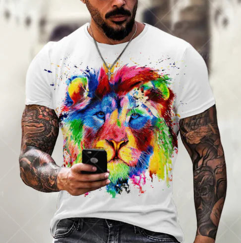Men's Plus Size 3D Lion Print Round Neck T-Shirt