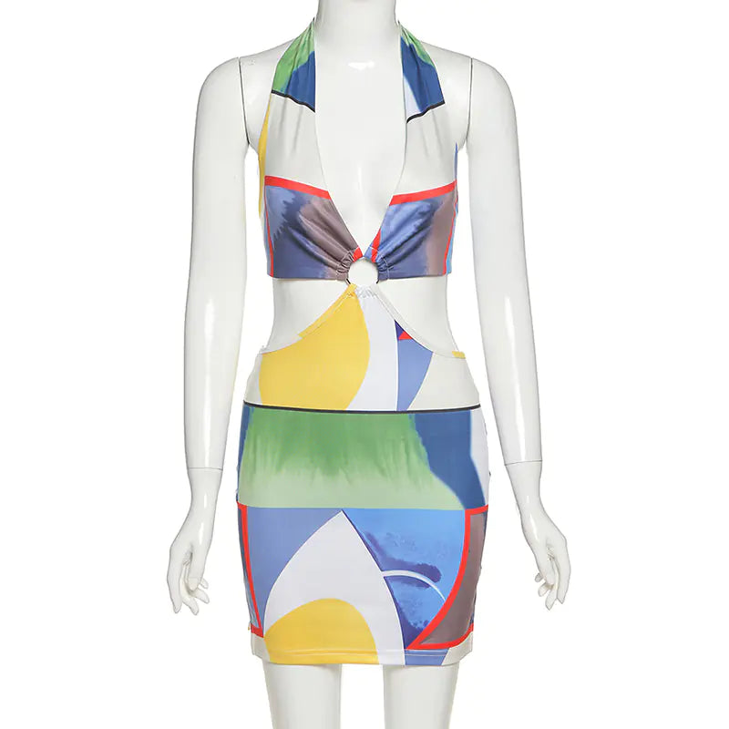 New Autumn Women's Digital Print Halter Dress