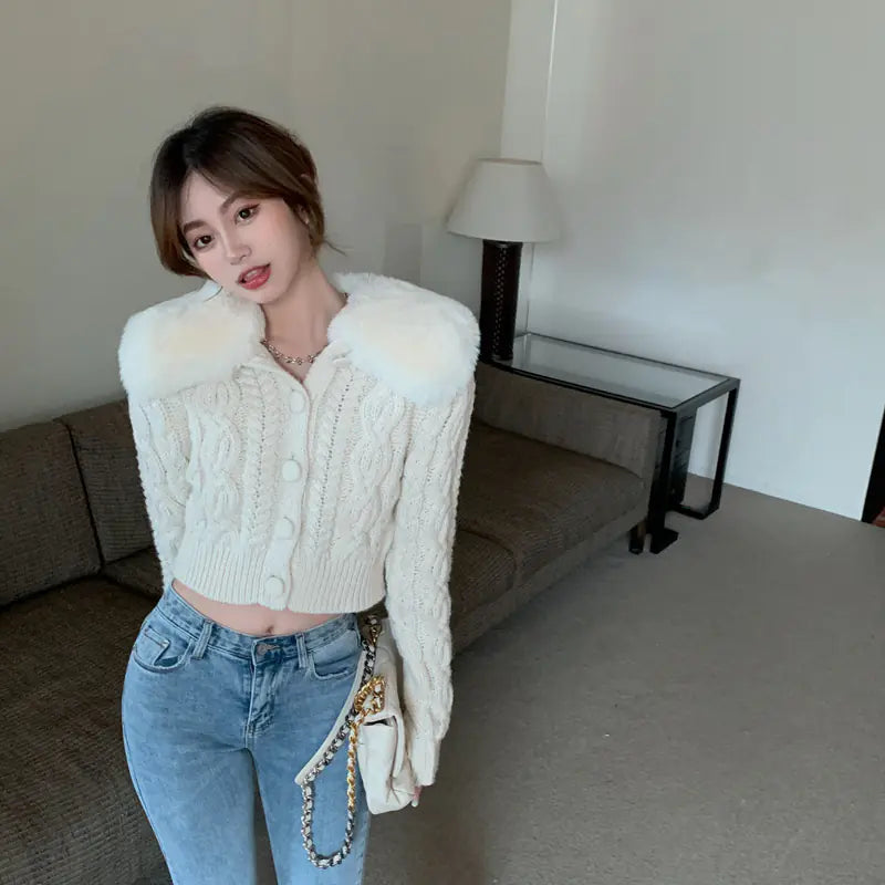Detachable Fur Collar Cardigan Sweater for Women