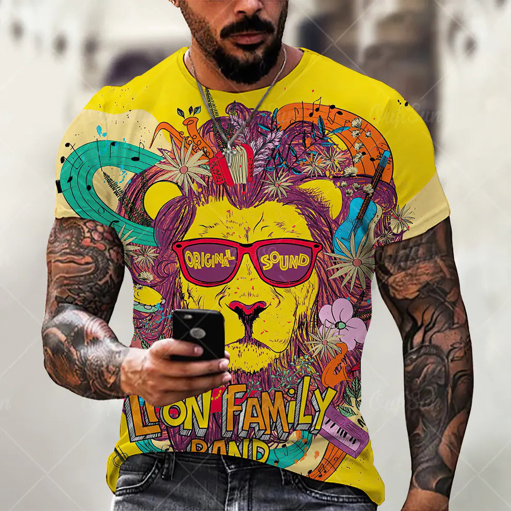 Men's Plus Size 3D Lion Print Round Neck T-Shirt